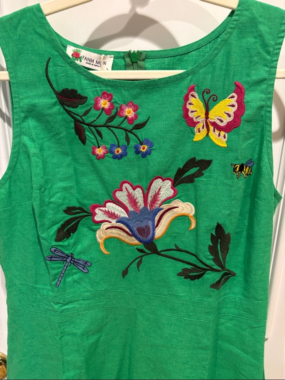Fanm Mon Flirt Green Embroidered Floral Butterfly Ruffle Hem Dress - Picture 2 of 6